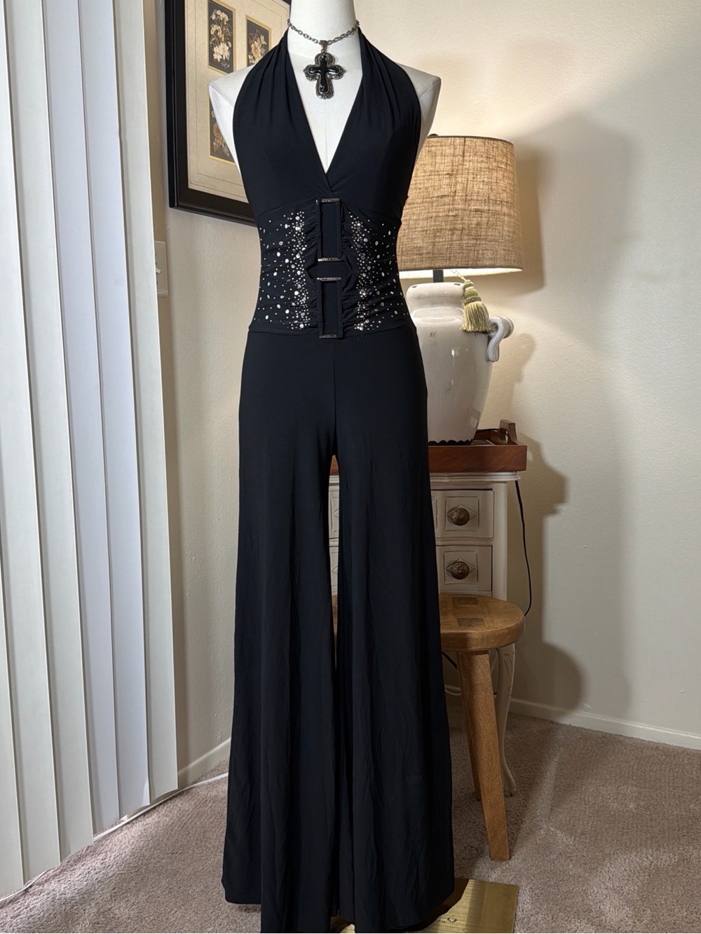 Y2K Black Halter Wide-Leg Jumpsuit with Embellished Waist